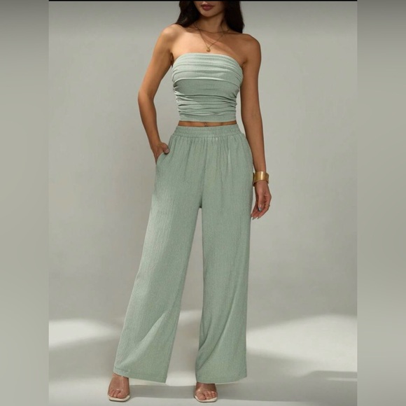 SHEIN Pants - Sage Green Wide Leg Pants & Strapless Ruched Top